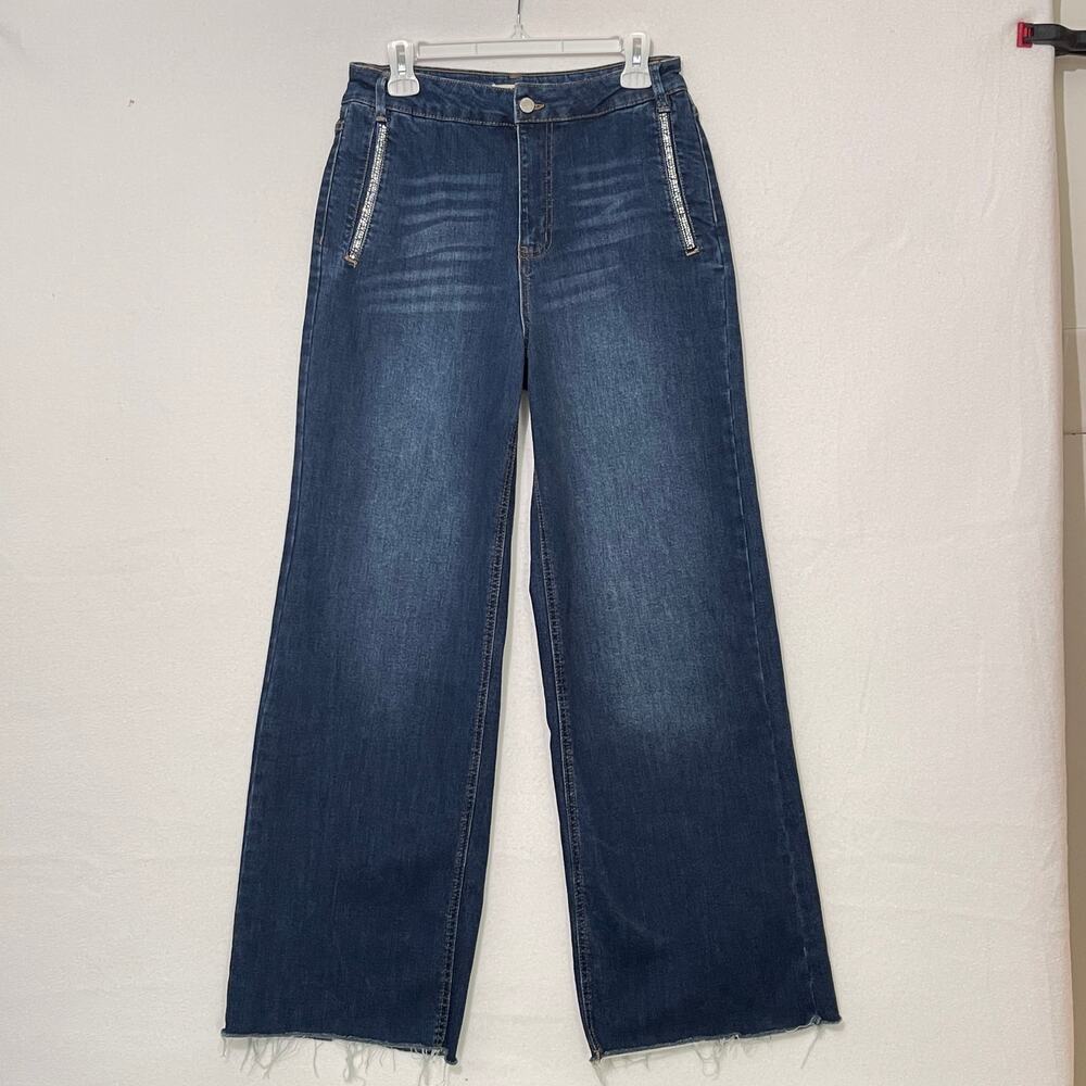 Oat Jeans Womens 8/29 Baggy Wide Leg Frayed Cuff Diamonds Distressed Flat Front